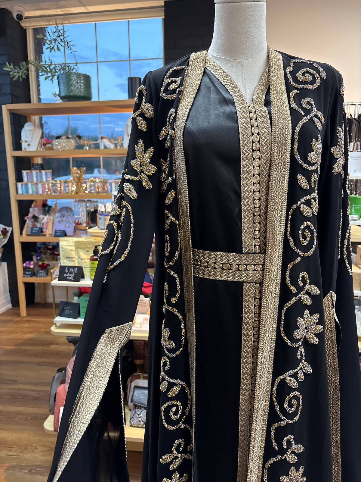 Black Rania kaftan with matching belt, modest occasion wear for Eid and weddings