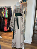 Thawb Al-Sumud beige and green Palestinian embroidered thobe made in Jordan, Mariam Fashion & Beauty Mississauga