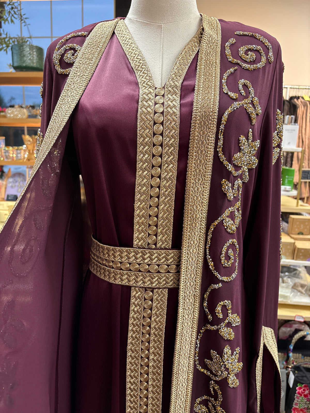 Burgundy Rania kaftan with matching belt, modest occasion wear for Eid and weddings