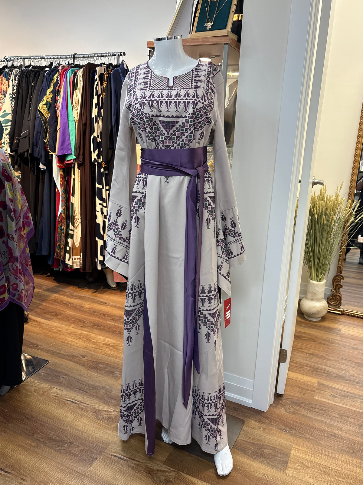 Thawb Al-Sumud beige and purple Palestinian embroidered thobe made in Jordan, Mariam Fashion & Beauty Mississauga