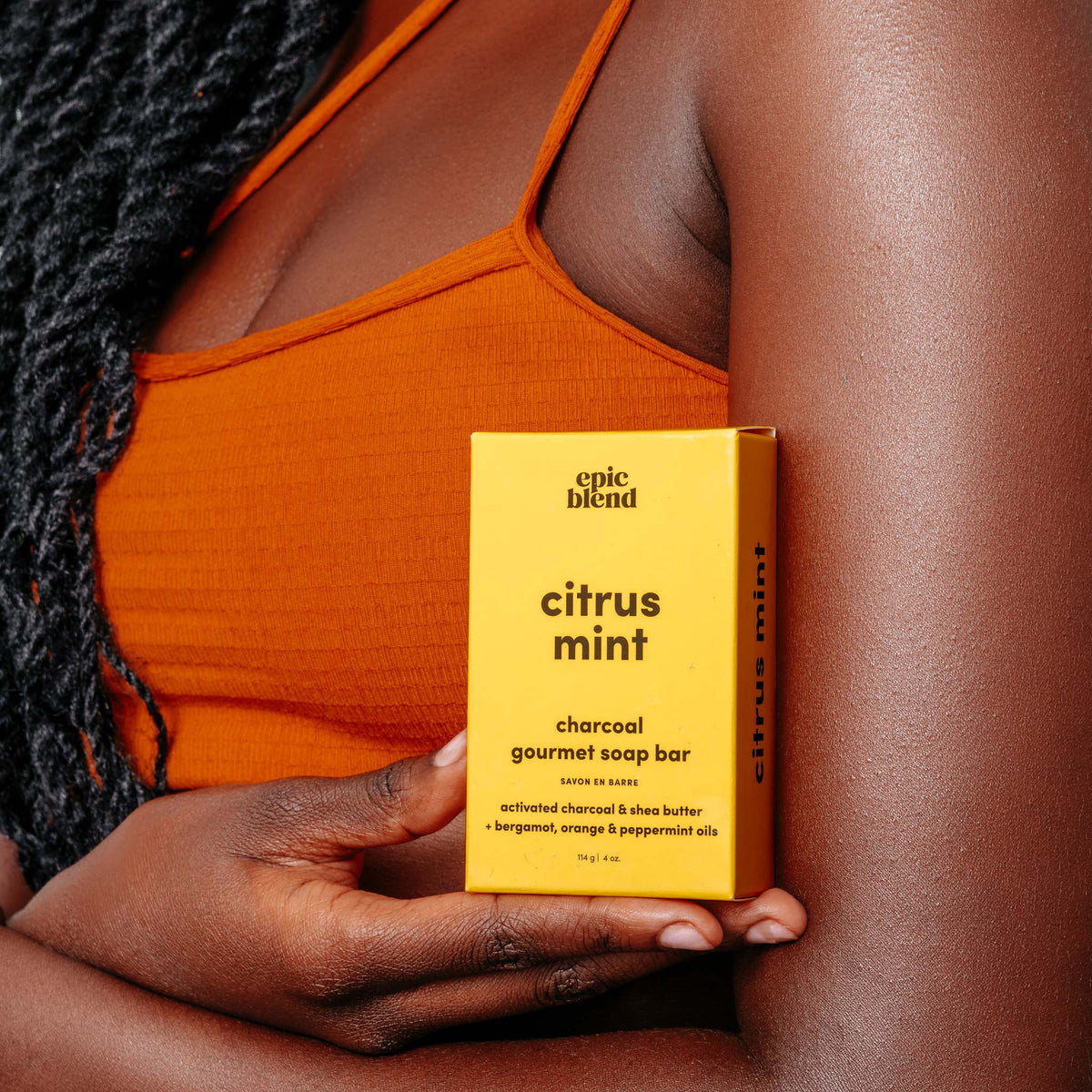 Epic Blend Citrus Mint Charcoal Bar Soap in hand
