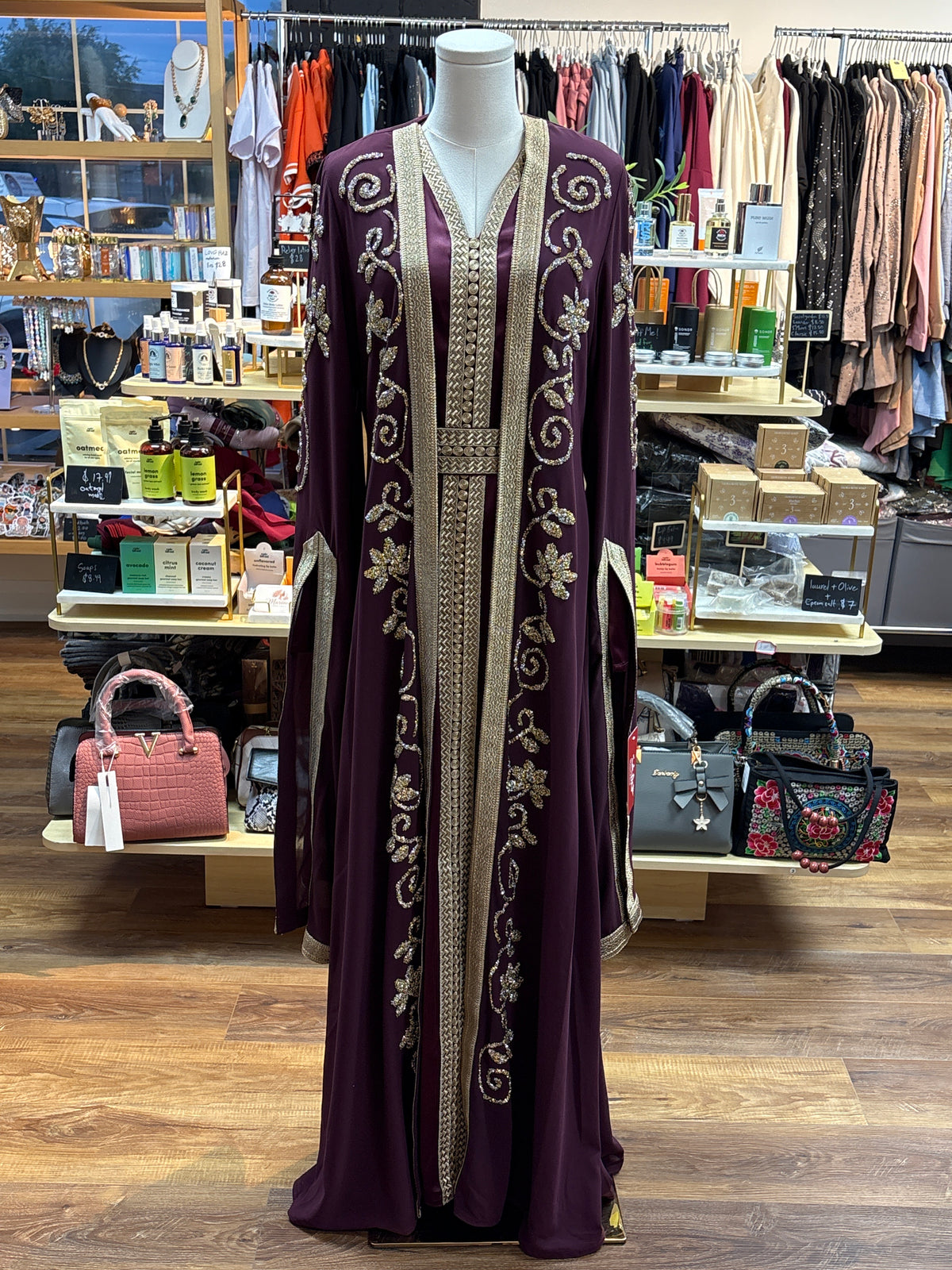 Rania three-piece kaftan set in burgundy with beaded detailing, made in Jordan – Mariam Fashion & Beauty Mississauga