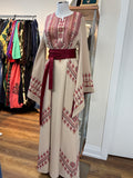 Thawb Al-Sumud beige and red Palestinian embroidered thobe made in Jordan, Mariam Fashion & Beauty Mississauga