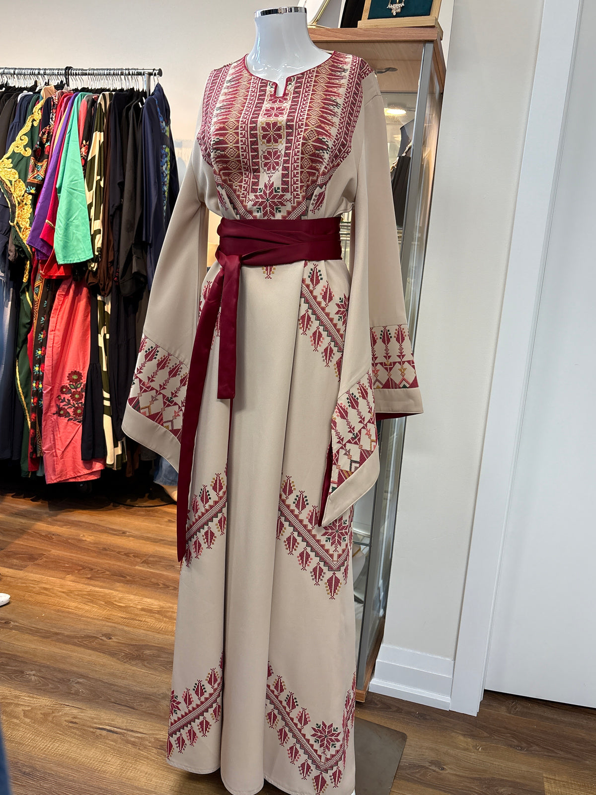 Thawb Al-Sumud beige and red Palestinian embroidered thobe made in Jordan, Mariam Fashion & Beauty Mississauga
