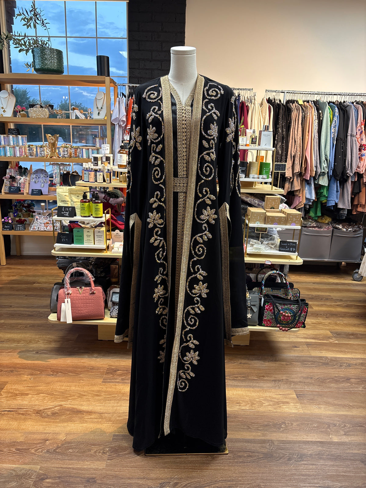 Rania three-piece kaftan set in black with silver detailing, made in Jordan – Mariam Fashion & Beauty Mississauga