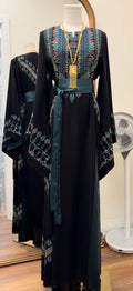 Thawb Al-Sumud black and green Palestinian embroidered thobe made in Jordan, Mariam Fashion & Beauty Mississauga