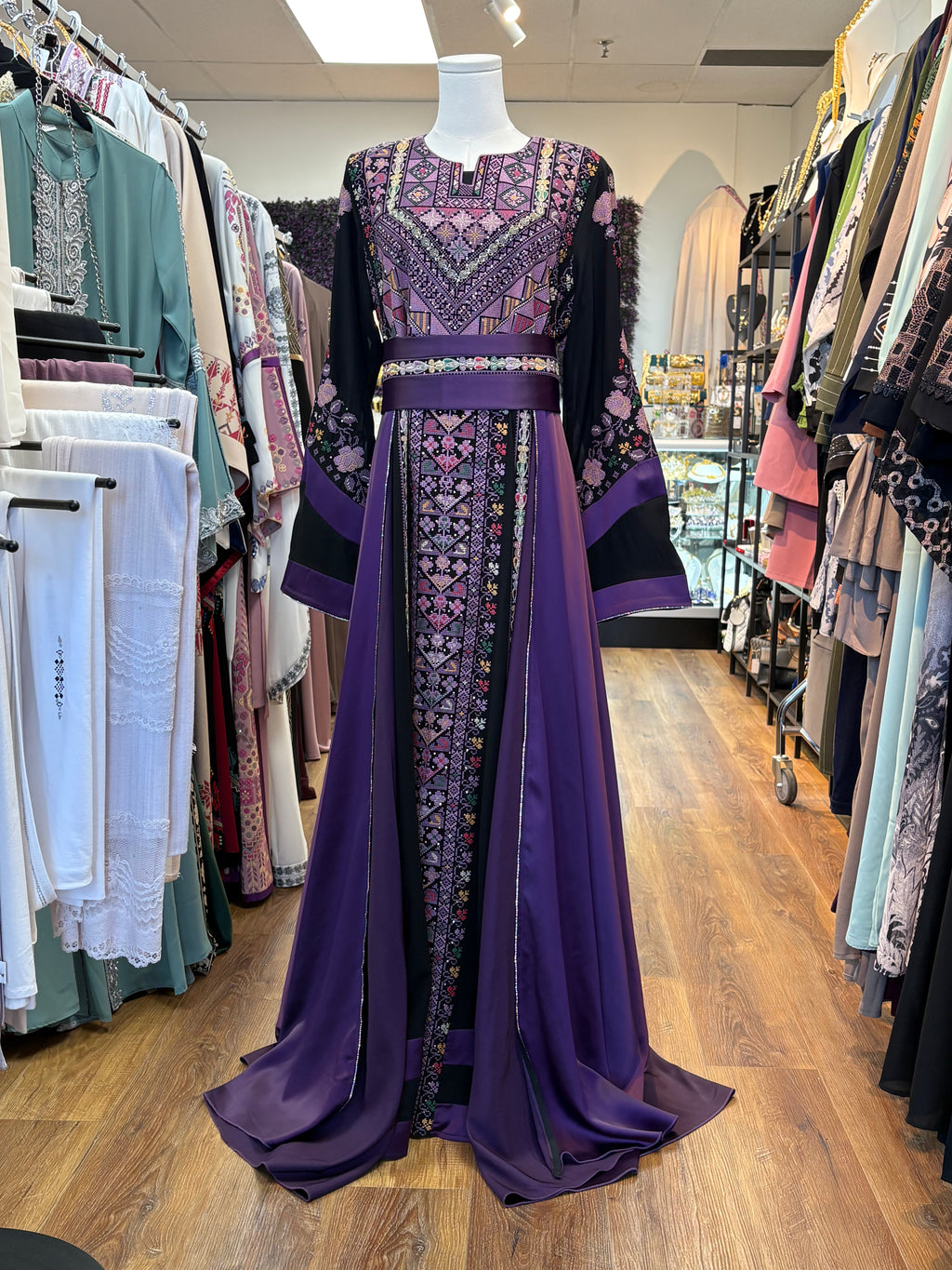 Thobe Al Amera black and deep purple Palestinian thobe made in Jordan, Mariam Fashion & Beauty Mississauga