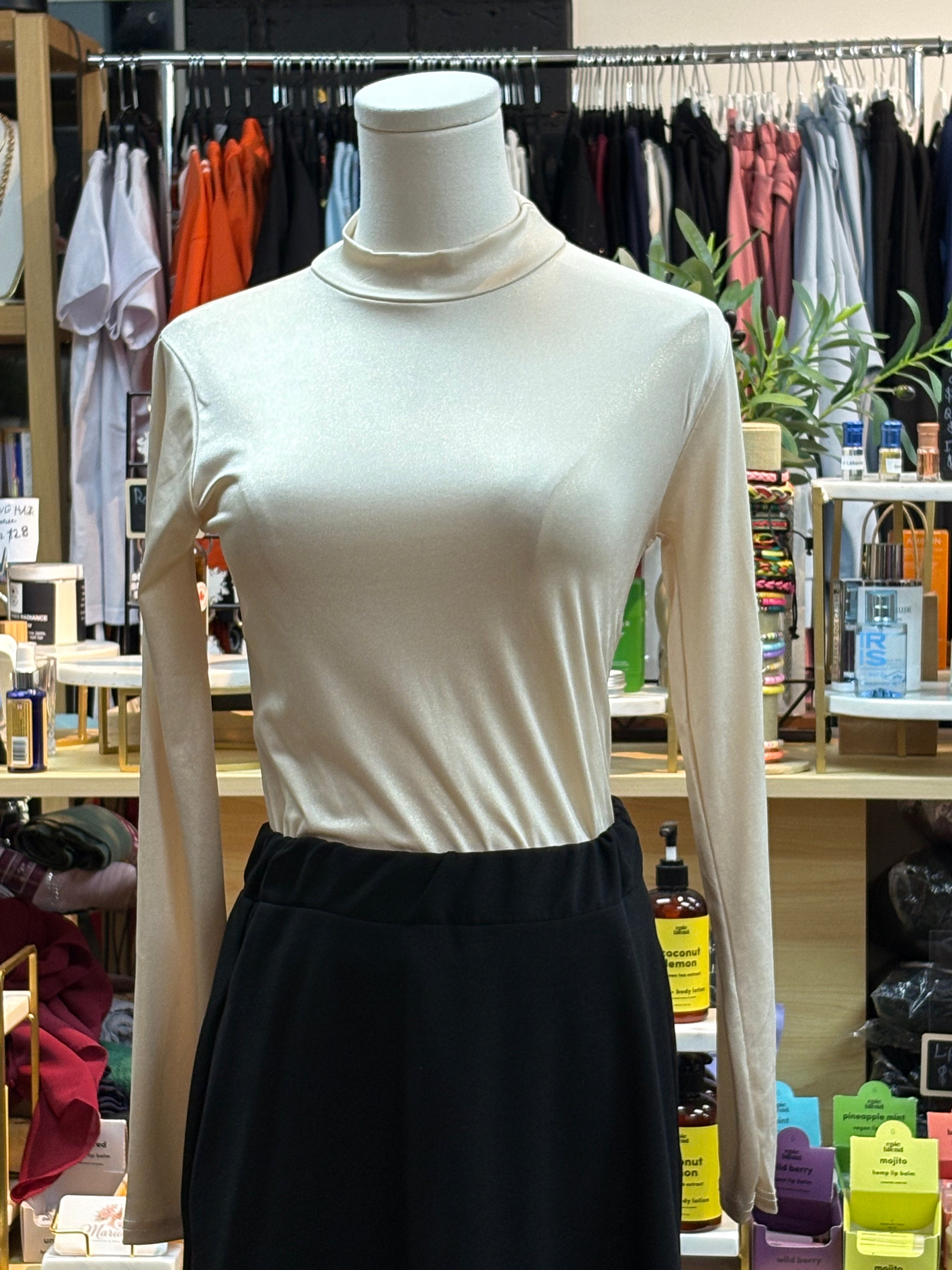 ivory shimmer mock-neck top